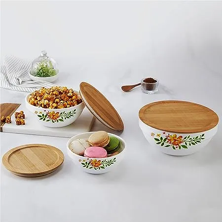 CELLO Opalware Royale Mixing Bowl Set with Bamboo Lid Lily 500ml 1000ml 1500ml White 3 Units