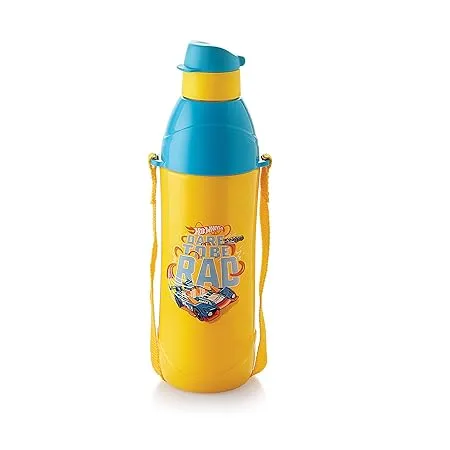 CELLO Puro Junior Hot Wheel Print Plastic Water Bottle for Kids Easy Carry Wrist Belt Leak Proof Refrigerator Safe Keeps Content Cold for Long hours 600ml Yellow