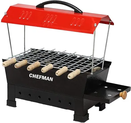 CHEFMAN Portable Trapper Charcoal Barbeque Grill with Wooden Handle Easy To Assemble Indoor Outdoor Coal Based Multi Purpose Black