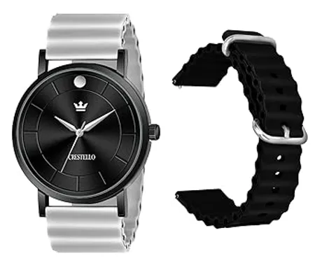 CRESTELLO Silicone Strap Analog Wrist Watch for Men Black Dial with Additional Strap Orange Green Blue Black Grey 