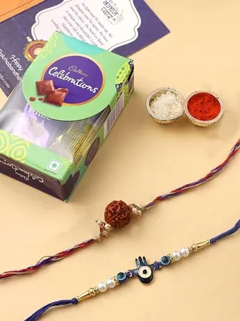 Cadbury Celeration Chocolate Combo with Evil Eye Rudraksh Rakhi Set of 2 for Brother Boy Men with Chocolate Combo Blue Beaded Hamsa Hand Evil Eye Bracelet for Protection and Blessing