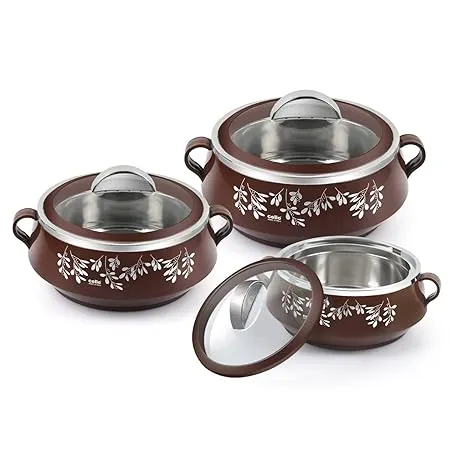 Cello Glitter Casserole with Inner Steel Insulated Stainless Steel Inner Body Casserole Set for Meal chapati Curry roti 3 Unit Brown