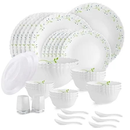 Cello Opalware Dazzle Series Tropical Lagoon Dinner Set 37Pcs Opal Glass Dinner Set for 6 Light Weight Daily Use Crockery Set for Dining White Plate and Bowl Set