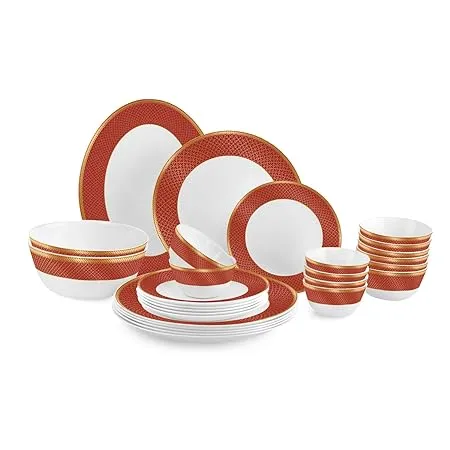 Cello Opalware Solitaire Series Ruby Dinner Set 27Pcs Opal Glass Dinner Set for 6 Crockery Set for Festive Ocassions Parties White Plate and Bowl Set