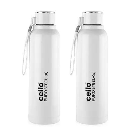 Cello Puro Steel X Benz 900 Water Bottle with Inner Steel and Outer Plastic Set of 2 730 ml White
