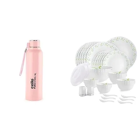 Cello Puro Steel X Benz Inner Steel Outer Plastic with PU Insulation Water Bottle 900 ml Pink cello Tropical Lagoon 37 pcs Dinner Set