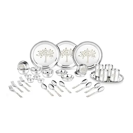 Classic Essentials Stainless Steel Dinner Set Heavy Gauge Stainless Steel Dinner Set Kitchen Set for Home Shagun Set Laser Printed Design Set of Vriksha 32 