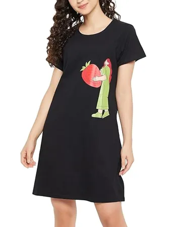 Clovia Women s Cotton Graphic Printed Short Nightdress with Pocket