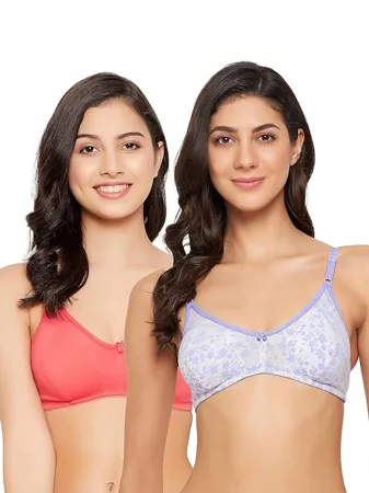Clovia Women s Cotton Pack of 2 Non Padded Non Wired Full Cup Floral Print Bra in Grey Peach