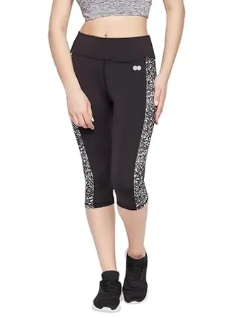Clovia Women s Snug Fit High Rise Active Capri in Black with Marble Print Panels in Black