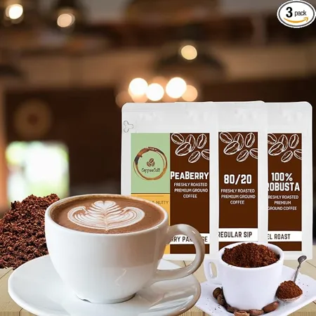 CoffeeCult Pack of 20 gm each Peaberry 80 20 Arabica Robusta 100 Robusta Premium Ground Coffee Blends Exquisite Coffee Fusion 60gm