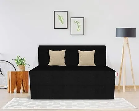Coirfit Single Seater 3 X 6 Feet Folding Sofa Cum Bed Perfect for Guests Jute Fabric Washable Cover with Free Cushions Black