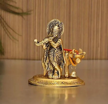 Collectible India Lord Cow Krishna Idol Statue murti Krishan with Kamdhenu Hindu God Religious Showpiece Set of 1 