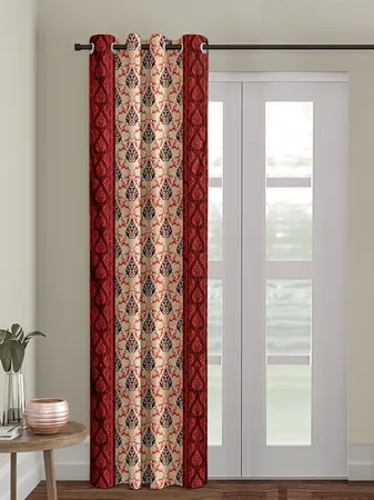 Cortina 1 Piece Damask Design Panel Eyelet Polyester Door Curtain 7 Feet Maroon