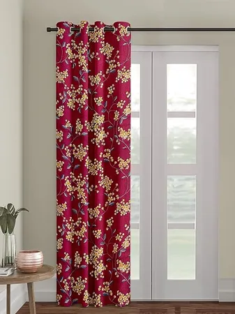 Cortina 1 Piece Floral Design Panel Eyelet Polyester Door Curtain 7 Feet Maroon