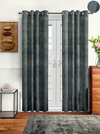 Cortina 2 Piece Solid Design Panel Eyelet Velvet Door Curtains 7 Feet Grey