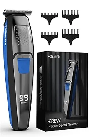 Crew T Blade Beard Trimmer for Men Rechargeable Solid Steel Blade Beard Shaper LED Battery Display 2 Hrs Battery Life 7000 RPM Motor Hair Trimmer Men 4 Combs Carry Pouch Shaver for Men