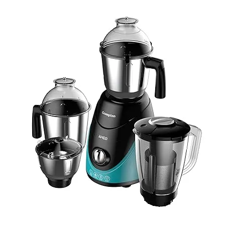 Crompton Ameo 750 Watt Mixer Grinder with MaxiGrind and Motor Vent X Technology 3 Stainless Steel Jars and 1 Juicer Jar Black Green AMEO 4JARS 