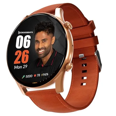 CrossBeats Apex Regal 1 43 Super AMOLED Always On Display Smart Watch with Bluetooth Calling Metal Body Fast Charge 466 466 Pixel 3D Glass AOD Display Leather Strap Brown 