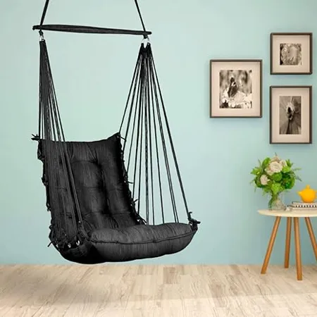 Curio Centre Cotton Swinging Hammock Hanging Swing Chair Hammock Swing for Adults Swing for Indoor Outdoor Garden Patio Durable Portable Jhula Swing for Home Black