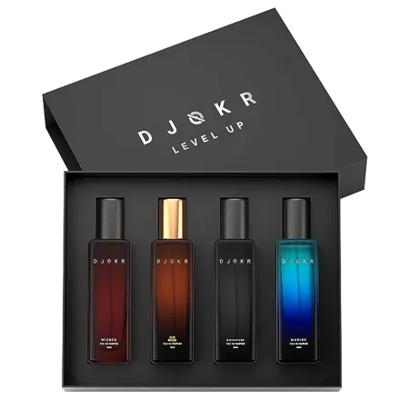 DJOKR Perfume Gift Set for Men Pack of 4x20 ML Eau De Parfum Premium Luxury Long Lasting Fragrance Spray Signature Wicked Oud Wood Marine 4x20 ml 