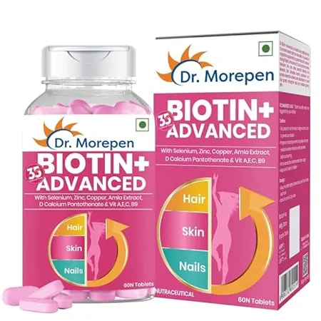 DR MOREPEN Biotin for Hair Growth Glowing Skin Healthy Nails With Multivitamins Amino Acids Natural Extract of Amla Turmeric Green Tea Bhringraj Brahmi 60 Tablets Single 