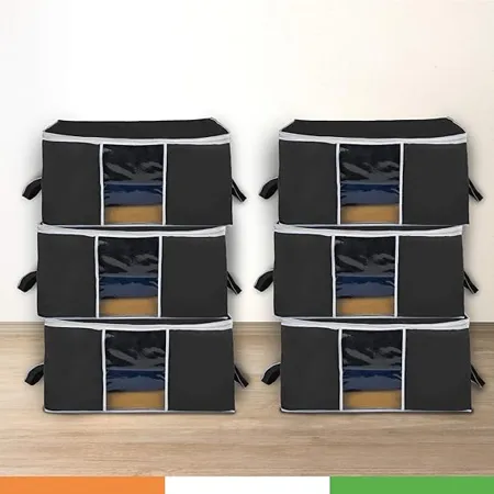 Duraware Extra Large Wardrobe Under Bed Storage Organiser with Duralight Fabric for Sarees Shirts More Dust Moisture Resistant Pack of 6 Black 