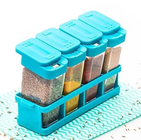 E COSMOS Kitchen 4 Pcs Sets Airtight Rasoi Box Spice Storage Jar Masala Box Spice Container Idle For Easy Flow Spice Storage Container with Tray