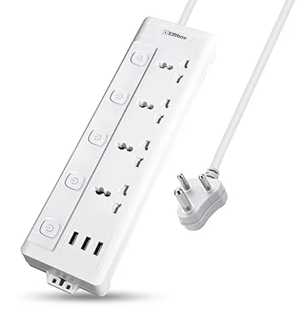 EMBOX 10A Extension Board with USB Port 4 Universal Sockets and 3 USB 2 4 A Charging Ports with Indicator 2500W Heavy Duty Cable Individual Switch 2 Meter Cable 