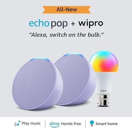 Echo Pop Purple gift twin pack with Wipro 9W LED Smart Color Bulb