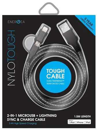Energea NyloTough 2 IN 1 Micro USB Sync Cable Rugged Extra Tough Unbreakable Braided Apple Certified 1 5 Metre cable Fast 2 4A Rapid Charge Compatible with iPhone iPad iPod All smartphone
