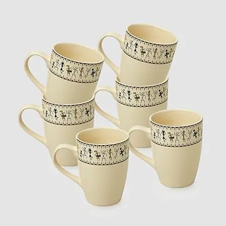 ExclusiveLane Ceramic Coffee Mugs Set of 6 Whispers of Warli Handcrafted Printed Mugs for Coffee Cup Tea Mug Cup Ivory White Black 300 ML Microwave Dishwasher Safe 