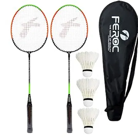 FEROC 2 Pieces Aluminium Badminton Racket with 3 Pieces Feather Shuttles with Full Cover Set Aluminum Multicolor