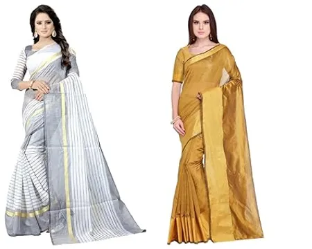 Florence Women Printed Cotton Silk Saree With Unstitched Blouse Pack Of 2