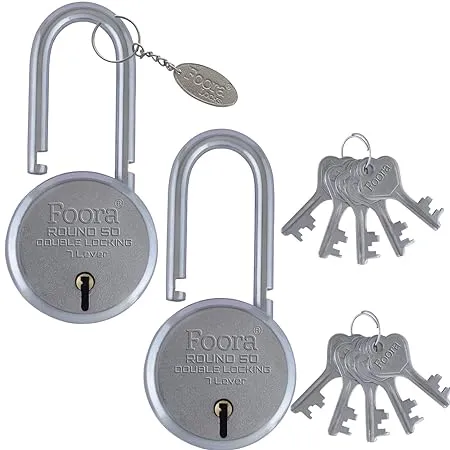 Foora New Round 50mm Lock Long Shackle Metal Body Double Locking 7 Steel Lever 5 Silver Keys with Keychain Silver Finsih Pack of 2 Made in India Export in USA Canada