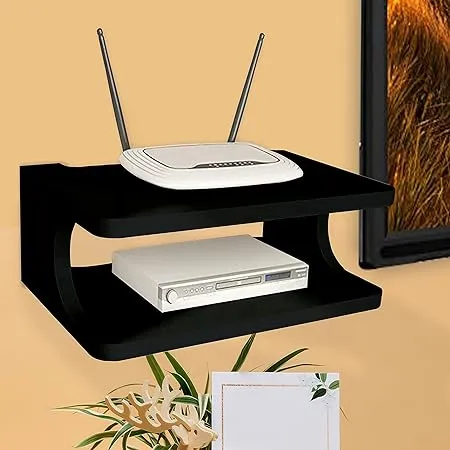 Furniture Cafe Set top Box Stand WiFi Router Holder Wooden Wall Shelves Setup Box Stand for Home Wall Mount Stylish WiFi Router Holder TV Cabinet Living Room Furniture Color Black 