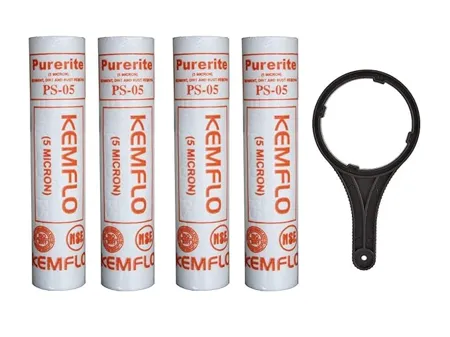 GE Filtration Kemflow Spun Filter Candle 10inch Outer Filter Catridge Compatible with All Domestic Water purifiers Pack of 4pcs with Wrench