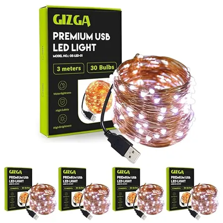 GIZGA Essentials Copper LED Fairy String Lights with USB High Brightness Low Power Consumption Indoor Outdoor Decoration Diwali Light Christmas Decor Party Light 3 Meter White Pack of 5