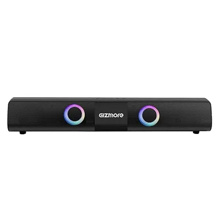 GIZMORE GIZBAR 2000 Soundbar Speaker 20W RMS Powerfull Bass Soundbar with Quad Equaliser Mode in Built RGB Light Immersive Surround Sound Upto 6 Hrs Playtime Aux USB SD Port Black 