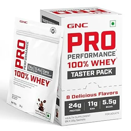 GNC Pro Performance 100 Whey Taster Pack 8 Flavours x 35g Single Serve Sachets Muscle Growth Recovery Mango Vanilla Chocolate Flavors Caf Mocha Kulfi Strawberry Kesar Pista