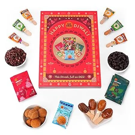 GO DESi Diwali Gift Hamper Box Assorted Gift Hamper Desi Popz Coconut Laddoos Meetha Paan Choco Meetha Paan