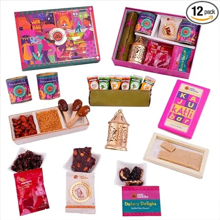 GO DESi Premium Diwali Gift Hamper Box The Ultimate Assorted Gift Hamper Desi Popz Dry fruit Barfis Meetha Paan Kaju Katli Bar Choco Meetha Paan Baked Bhujiya Chilli Almonds