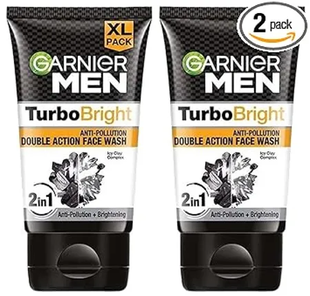 Garnier Men Face Wash Brightening Anti Pollution TurboBright Double Action 150 g Pack of 2 