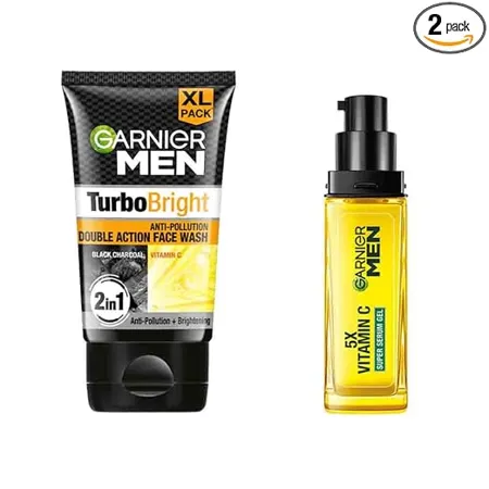 Garnier Men Turbo Bright Combo Turbo Bright Double Action Face Wash 150g Vitamin C and Menthol Icy Serum Gel 30ml Skin Cleansing and Brightening Regime for Men