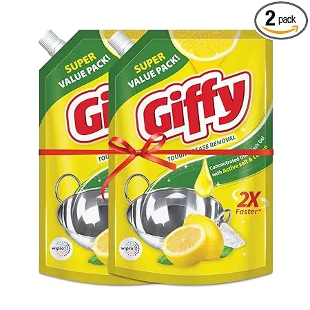 Giffy Liquid Dish Wash Gel with Active Salt Lemon 2x Faster Tough Grease Removal Natural Fragrance Removes Odour Easy Lather Rinse Off Leaves No White Residues Hand Safe 900ml Pack of 2 