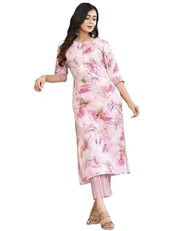 GoSriKi Women s Cotton Blend Printed Straight Kurta with Pant PS Pink CMD GS 