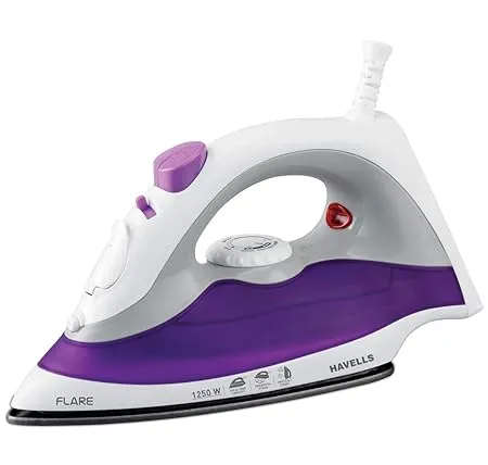 HAVELLS Flare 1250 W Steam Iron with Teflon Coated Sole Plate Vertical Horizontal Ironing 2 Years Warranty Purple 