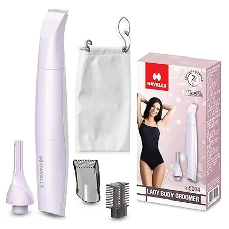 Havells FD5004 4 in 1 Lady Body Groomer Bikini Eyebrow Trimmer with Protective Combs Rechargeable Comes wth Pouch Purple 