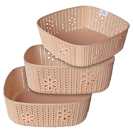 Heart Home Woven Design Multipurpose Square Shape Basket Ideal for Friuts Vegetable Toys Small Medium Large Pack of 3 Light Brown 