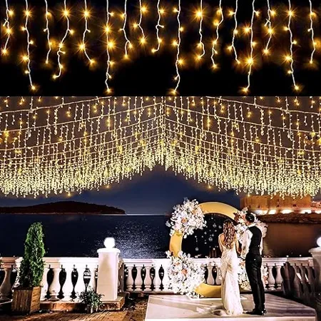 Homehop Solar Outdoor Icicle String Lights 300 Led for Home Garden Balcony Terrace Lawn Wall Waterproof Rechargeable Decorative Lamp Diwali Decoration Item 6M Warm Color 